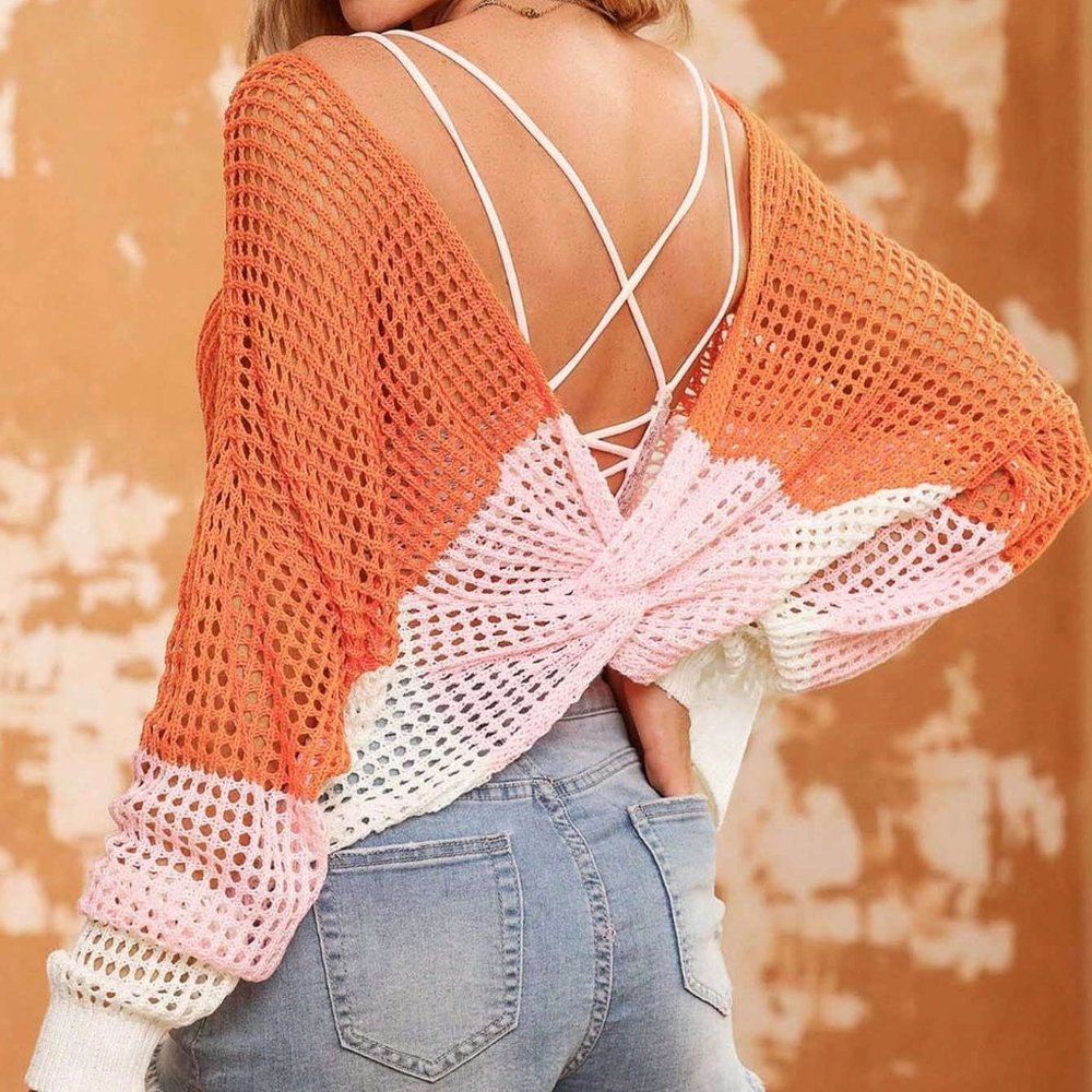 Orange Boho Womens Colorblock Hollow Out Drop Shoulder Open Knit Sweater - Picture 4 of 5